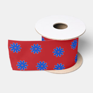 Lazo De Raso Flor azul en rojo
