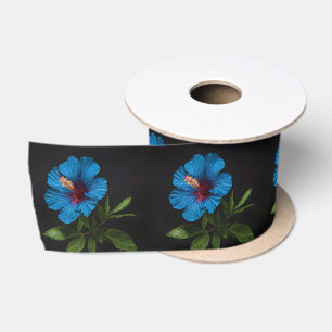 Lazo De Raso Flor azul hibiscus sobre negro,