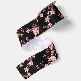 Lazo De Raso Flor de cerezo japonés rosa pálido negro