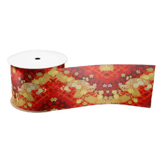 Lazo De Raso Flor floral de Kimono japonesa Rojo de Oro Vintage
