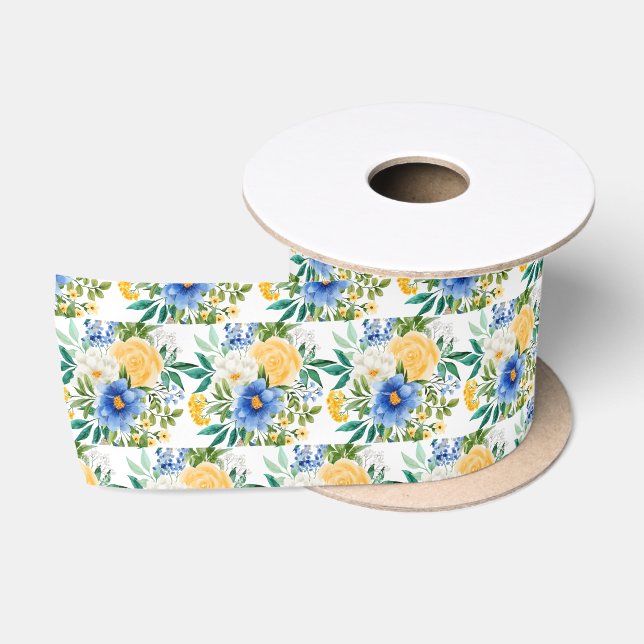 Lazo De Raso Floral Azul y Amarillo  (Carrete)