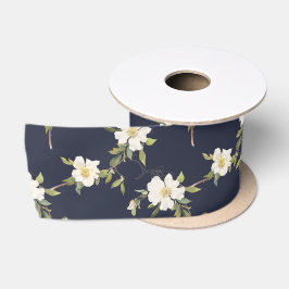 Lazo De Raso Floral blanca azul marina