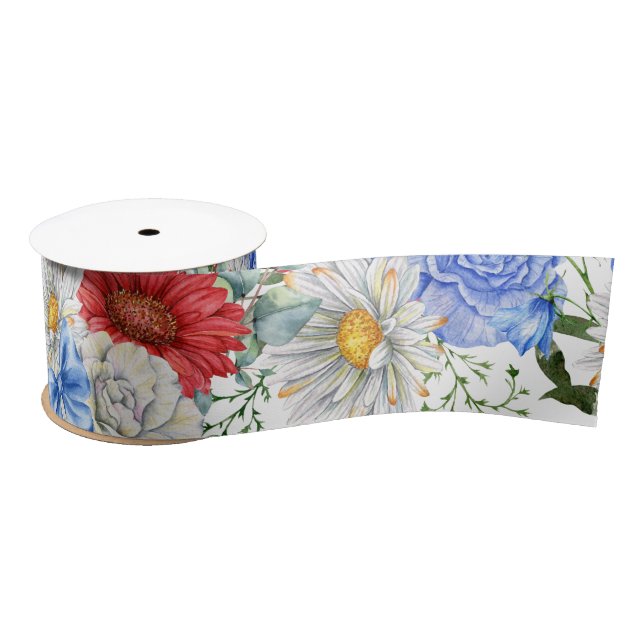 Lazo De Raso Floral blanca y azul (Carrete)