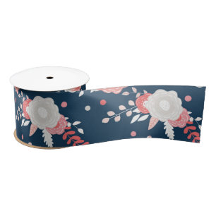 Lazo De Raso Floral Blanco Rosa Azul Marino