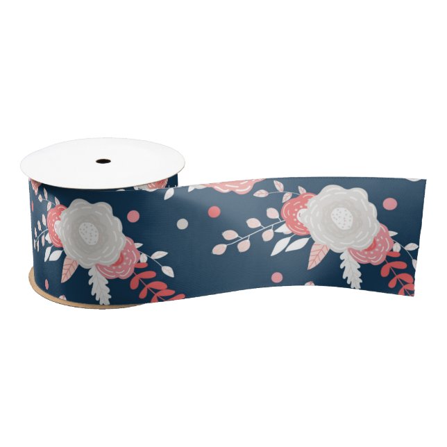 Lazo De Raso Floral Blanco Rosa Azul Marino (Carrete)