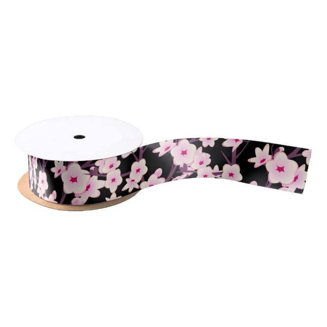 Lazo De Raso Floral Cherry Blossoms Pink Black (Carrete)