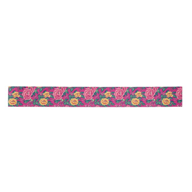 Lazo De Raso Floral chinoica rosa y amarillo brillante (Anverso)