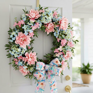 Lazo De Raso Floral de acuarela rosa y azul