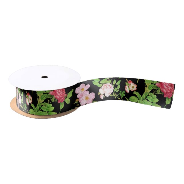 Lazo De Raso Floral Negro y Rojo (Carrete)