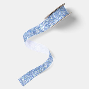 Lazo De Raso Floral Paisley Blanco y Azul