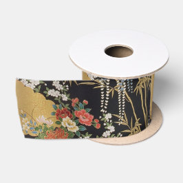 Lazo De Raso Floral tradicional japonesa de kimono negro y dora