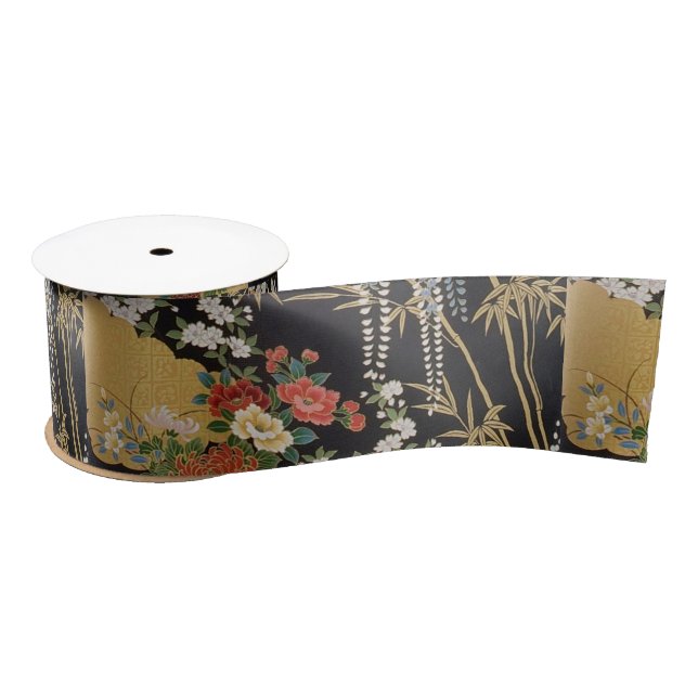 Lazo De Raso Floral tradicional japonesa de kimono negro y dora (Carrete)