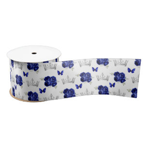 Lazo De Raso Flores Azules Marinos y Coronas de Plata