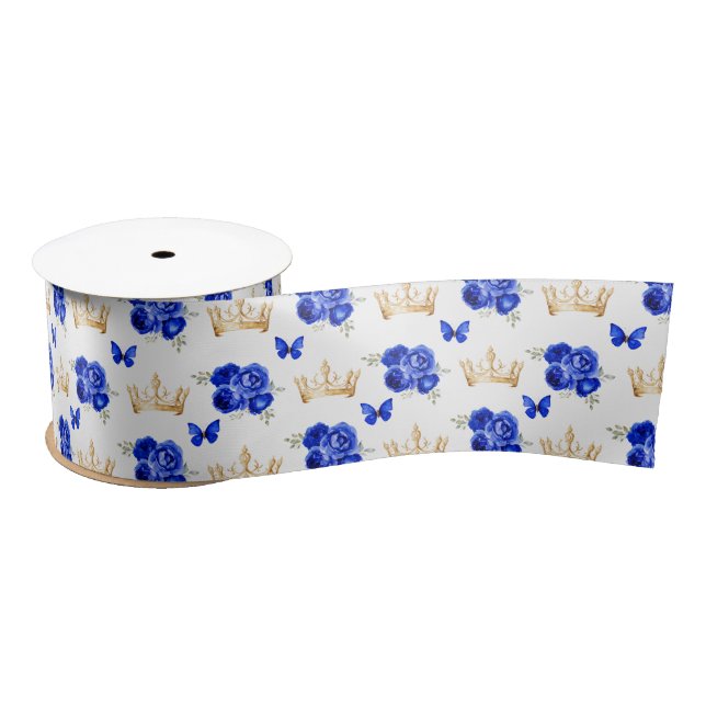 Lazo De Raso Flores Azules Reales y Coronas Doradas (Carrete)