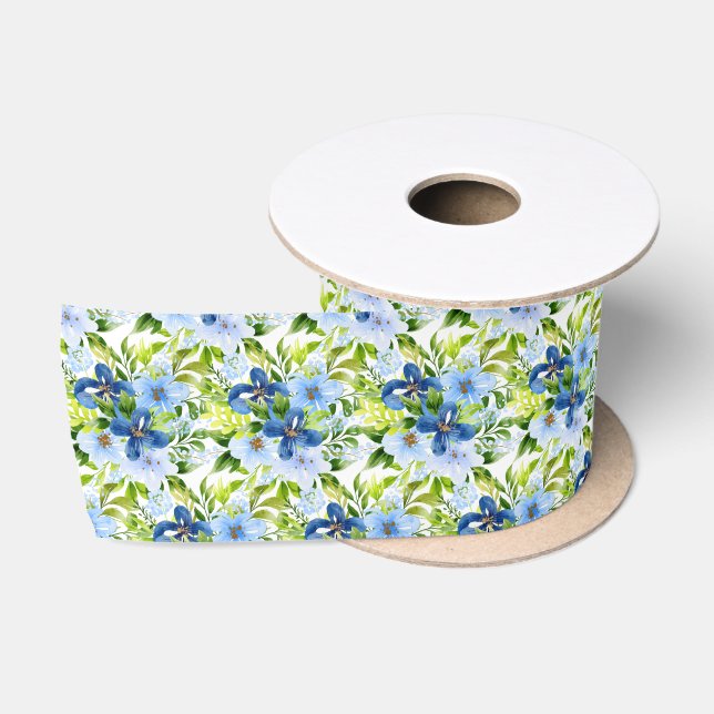 Lazo De Raso Flores azules y navy con follaje  (Carrete)
