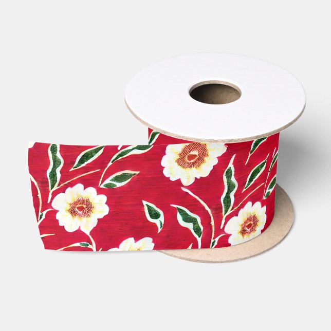 Lazo De Raso Flores blancas sobre fondo rojo (Carrete)