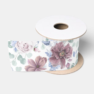 Lazo De Raso Flores Botánicas Malva y Azul Polvo