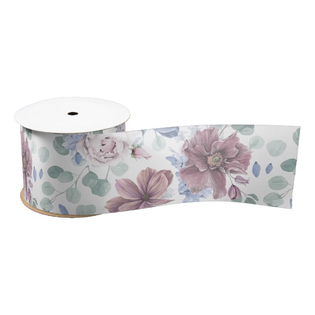 Lazo De Raso Flores Botánicas Malva y Azul Polvo (Carrete)