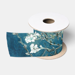 Lazo De Raso Flores de Almendro de Van Gogh Verde Azul Oscuro