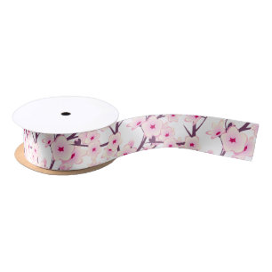 Lazo De Raso Flores de cerezo en flor en blanco rosado