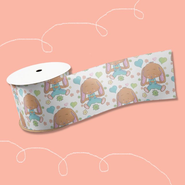 Lazo De Raso Flores de conejito de Pascua y cinta blanca del co (Sweet watercolor bunny pattern white ribbon for Easter or baby shower baskets embellishments .)