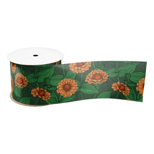 Lazo De Raso flores de la zinnia naranja, hojas verdes sobre ve (Carrete)