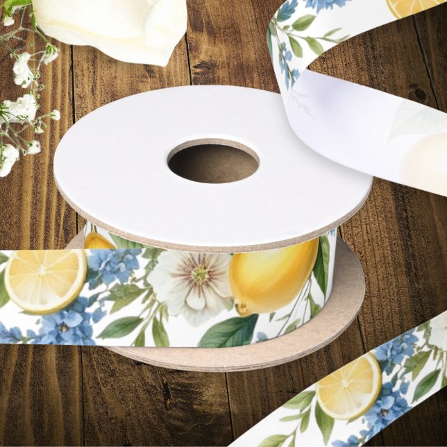 Lazo De Raso Flores de Limón Amalfi Mediterráneo (Elegant decorative ribbon on a roll, patterned with watercolor-style lemons, flowers and greenery)