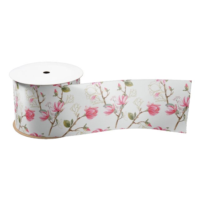 Lazo De Raso Flores de Magnolia Rosadas Boda de Primavera  (Carrete)