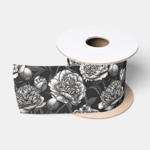 Lazo De Raso Flores de peonía blancas sobre gris oscuro