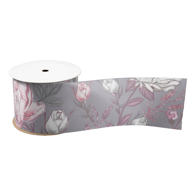LAZO DE RASO FLORES DE PINO Y GRIS PASTEL (Carrete)