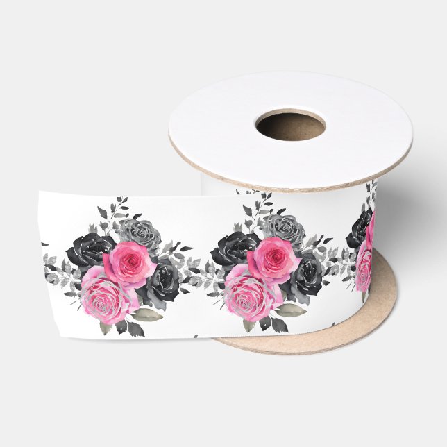 Lazo De Raso Flores elegantes de rosa caliente y plata (Carrete)