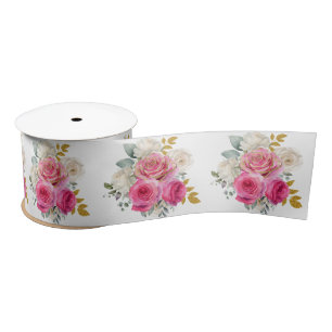 Lazo De Raso Flores elegantes rosa caliente y dorado