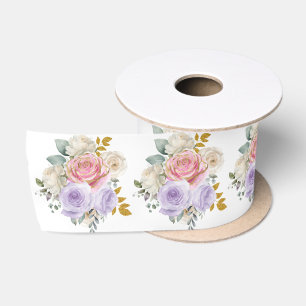 Lazo De Raso Flores elegantes rosadas y moradas