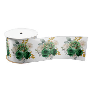 Lazo De Raso Flores elegantes verde oscuro y dorado