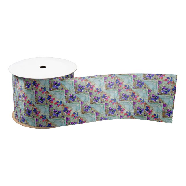 Lazo De Raso Flores moradas y azules cuadrados Zigzags (Carrete)