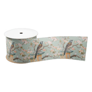 Lazo De Raso Flores Pastel Oriental de aves y frutas