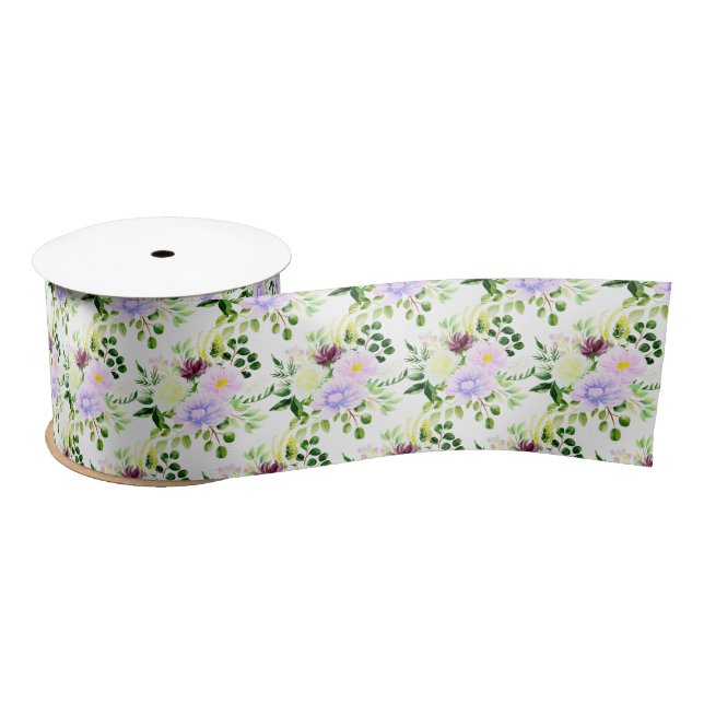 Lazo De Raso Flores Purpúreas de Primavera con Follaje (Carrete)