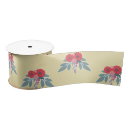 Lazo De Raso Flores rojas y hojas verdes en marrón