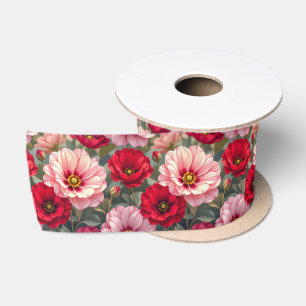 Lazo De Raso Flores rosadas, rojas y malvas