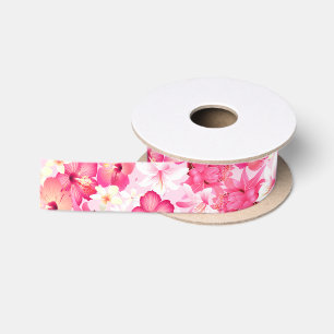 Lazo De Raso Flores rosadas y blancas tropicales