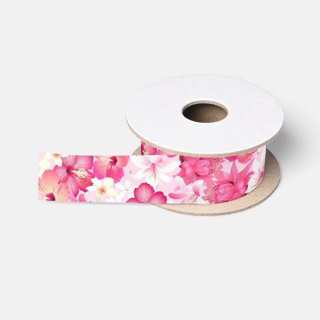 Lazo De Raso Flores rosadas y blancas tropicales (Carrete)