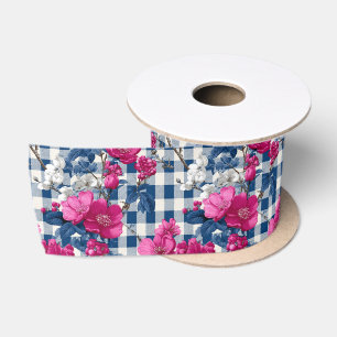 Lazo De Raso Flores rosas y azules Patrón de Gingham