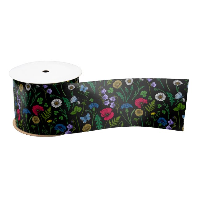 Lazo De Raso Flores silvestres en negro (Carrete)