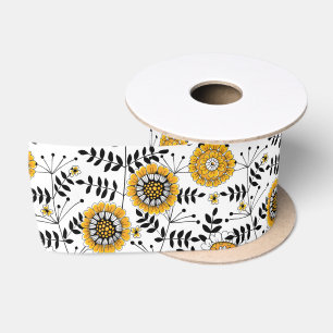 Lazo De Raso Flores y hojas de perro en amarillo y negro