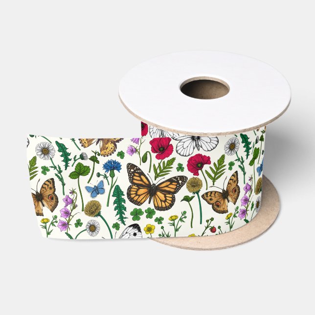 Lazo De Raso Flores y mariposas silvestres en blanco (Carrete)