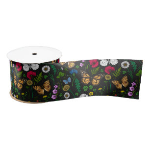 Lazo De Raso Flores y mariposas silvestres en negro