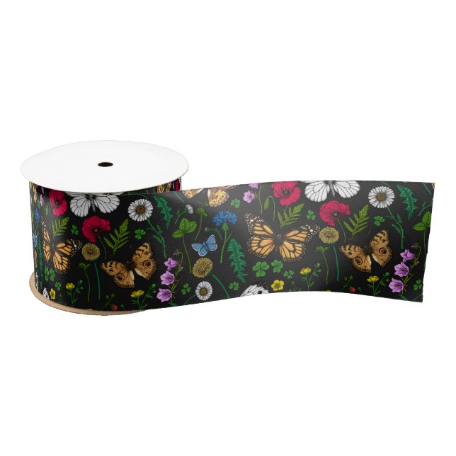 Lazo De Raso Flores y mariposas silvestres en negro (Carrete)