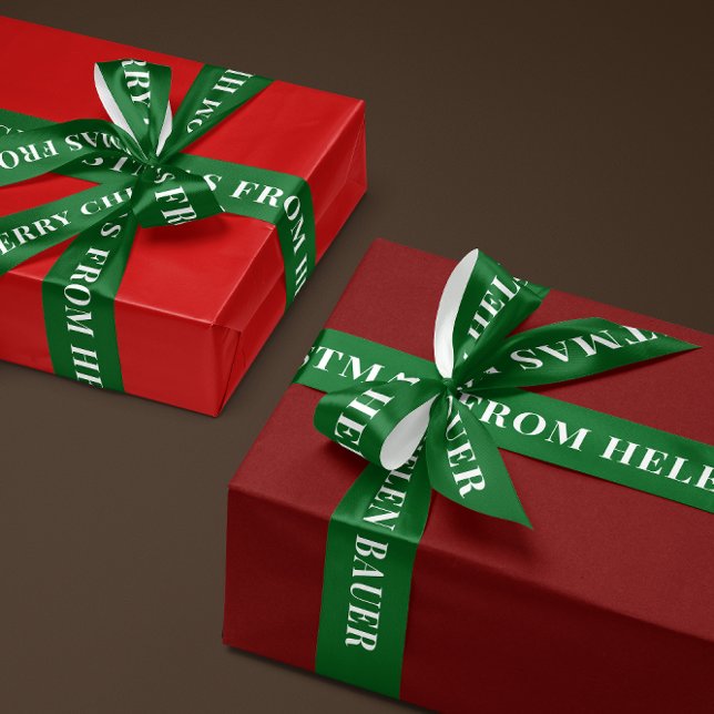 Lazo De Raso Forest Green Simple Text Merry Christmas Gift (personalized green and white Merry Christmas gift ribbon with name)