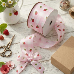 Lazo De Raso Fresa Gingham Rosa Fruta Dulce Cute Pastel