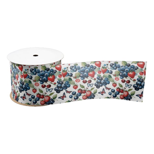 Lazo De Raso Fresas con arándanos y mariposas (Carrete)